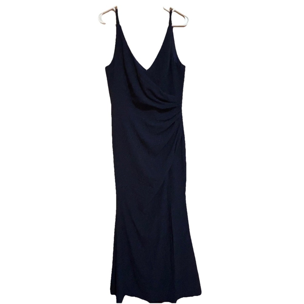 Dress the Population Jordan Navy Ruched Side Slit Gown Spaghetti Strap L
